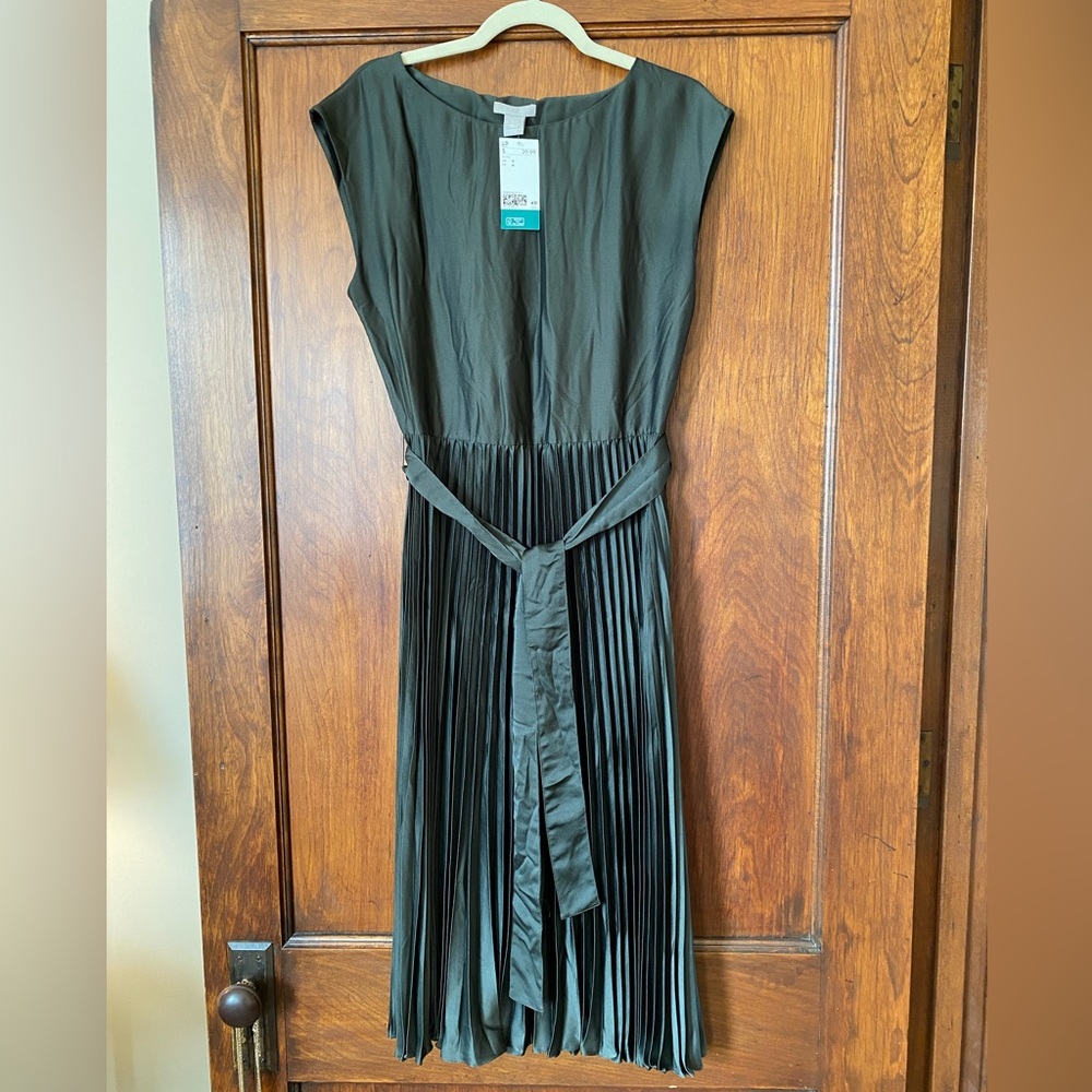 H&M Olive Green Pleated Maxi Dress with Belt